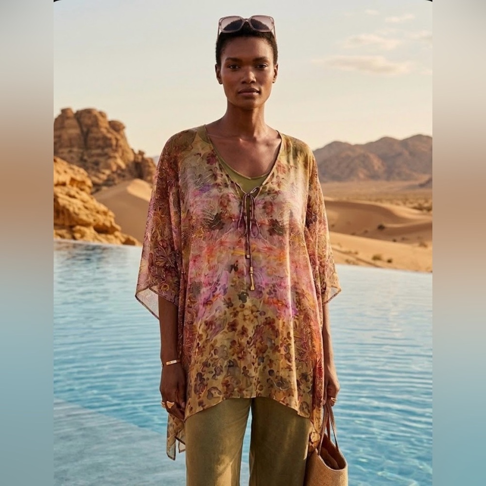 Boundless North Floral Print Sheer Kaftan Tunic - Boho V-Neck Oversized Top OS